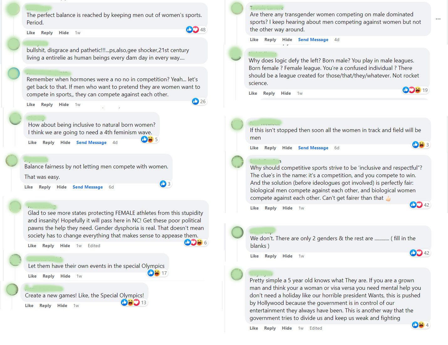 A collage of Facebook comments expressing transphobia and hostility towards transgender athletes in women’s sports