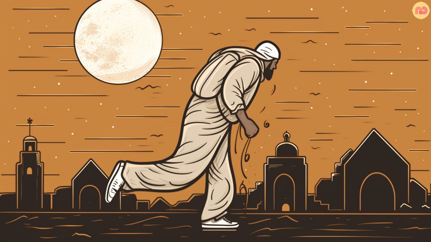 An illustration of a person feeling tired and disoriented while exercising or walking after breaking their fast during Ramadan. The image has beautiful sallowest of Islamic building, set in yellow and black. Representing a person with blood sugar levels during Ramadan.