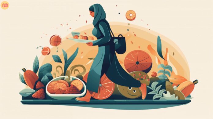 An illustration of a person walking while carrying a plate of fruits, vegetables, and lean protein during Ramadan, with a prominent water bottle and clock symbolizing the importance of hydration and fasting hours.