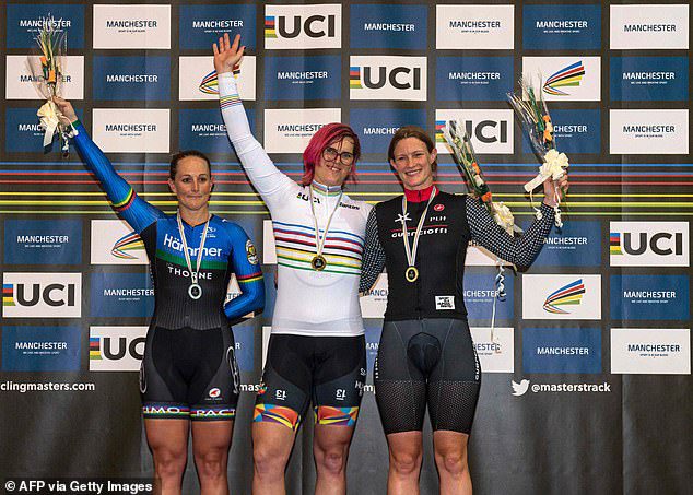 Transgender athletes in sports, transgender cyclist, Rachel McKinnon (centre), who won her second world title on Saturday accused the woman in second place of 'poor sportsmanship' for refusing to link arms with her on the World Championship podium