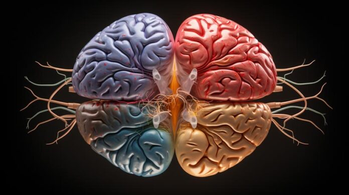 An ultra-realistic image of a human brain divided into four distinct pathways, each glowing with a different color to symbolise the four states of the H.A.L.T. concept: Hunger, Anger, Loneliness, and Tiredness.