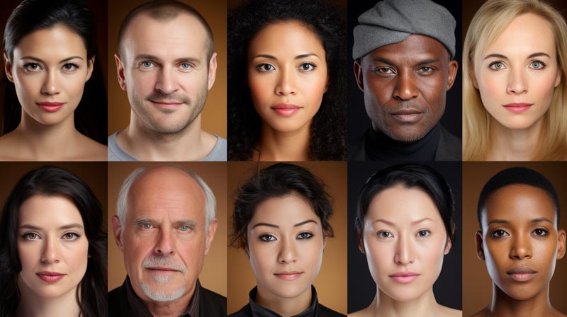 A collage of seven faces from diverse ethnic backgrounds, displaying soft emotions.