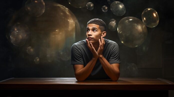 A photo depicting a person in a thoughtful pose with conversation bubbles fading into the background, visually representing the complexity of conversations. The feeling of being unheard in a conversation.