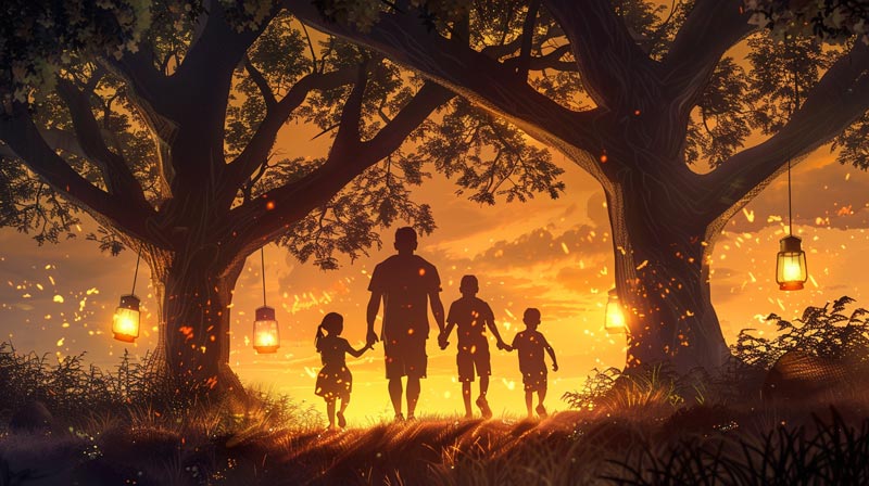 A father and his three children, depicted as silhouettes, walk through a serene park at sunset. The path is lined with softly glowing lanterns and surrounded by tall trees, casting long shadows, symbolising their connected journey and the strength of their family bond. Showing a fathers fights against paedophiles have more parental rights.