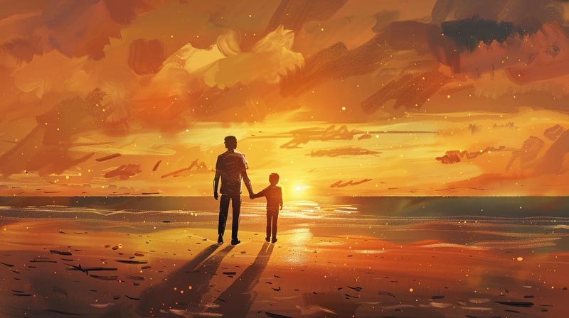 A father and child stand hand-in-hand on a beach at sunset, depicted as silhouettes against a golden sky, symbolising their shared journey and challenges.