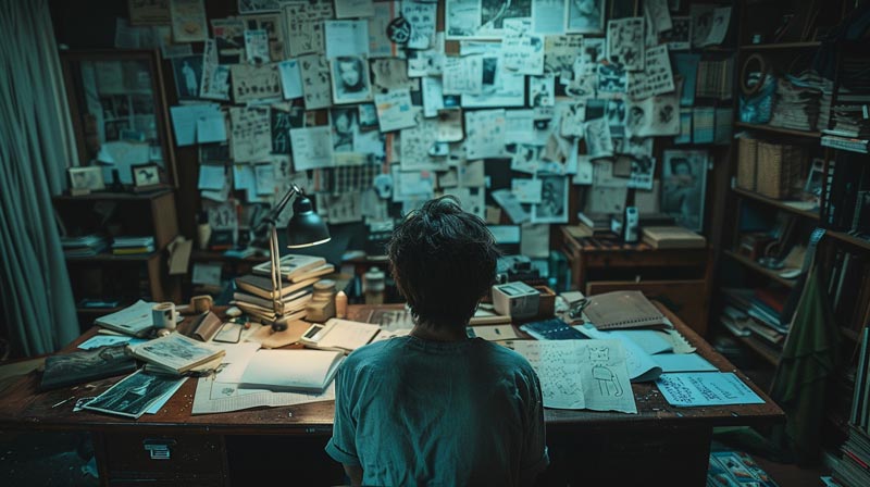 An image of a young person at a cluttered desk surrounded by books and papers, lit by a single lamp at night, symbolising the struggle and breakthrough in overcoming dyslexia.