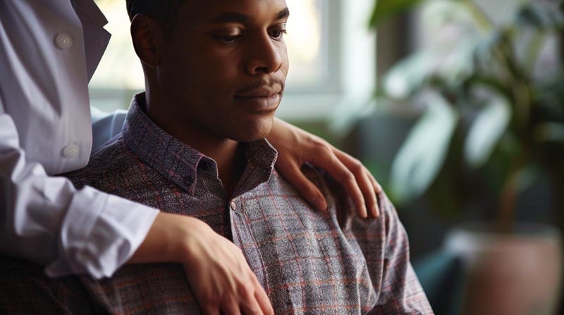 A close-up of a person receiving empathetic support from another individual, with a comforting hand on their shoulder.