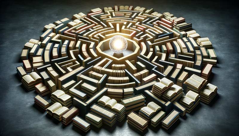 An elevated view of a labyrinth constructed from detailed book pages and open books, with a glowing orb at its centre representing knowledge and enlightenment, symbolising the dyslexia journey.