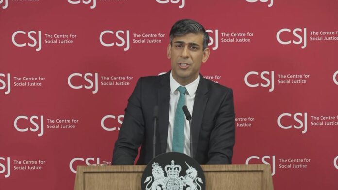 Prime Minister Rishi Sunak delivering a speech on tackling 'sick note culture' at the Centre for Social Justice on 19 April 2024.
