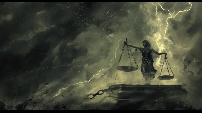 A scale of justice heavily tipped to one side, symbolizing imbalance and injustice, against a backdrop of dark, stormy clouds and lightning.