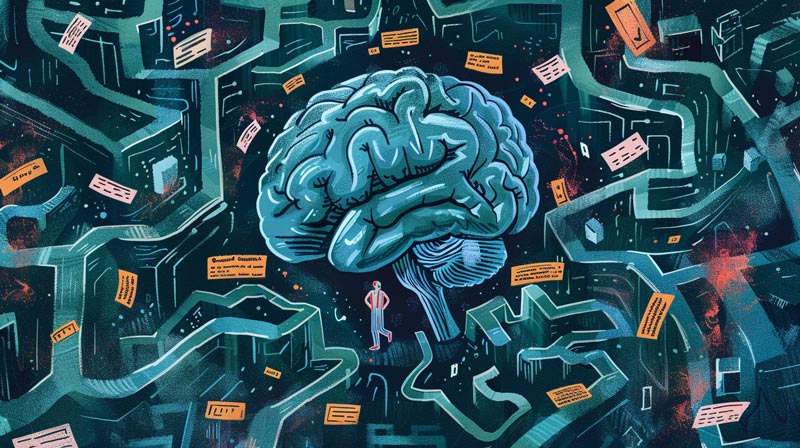An illustration of a maze-like brain with pathways leading to specialised areas like medical, psychological, physiological, and sleep studies, with a figure navigating through it, combating the nation of sick note culture.