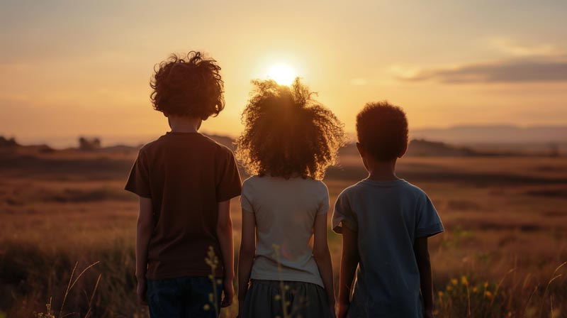 Three mixed-race children with their backs to the camera, standing in a field and watching the sunset.