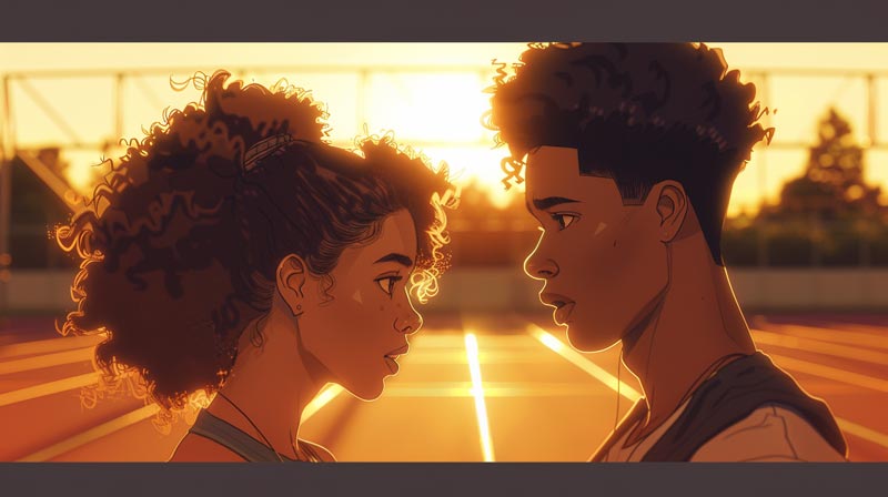Sara Talia and a young man, both athletes in their early twenties, standing face to face on an outdoor track at sunset.