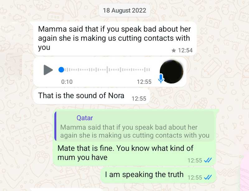 Screenshot of WhatsApp conversation showing a child relaying their mother's threat to cut contact, parental alienation.