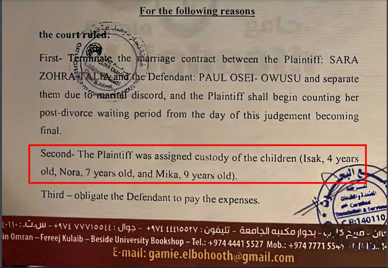 Court document showing Sara Talia assigned custody of the children, highlighting indoctrination of the children.