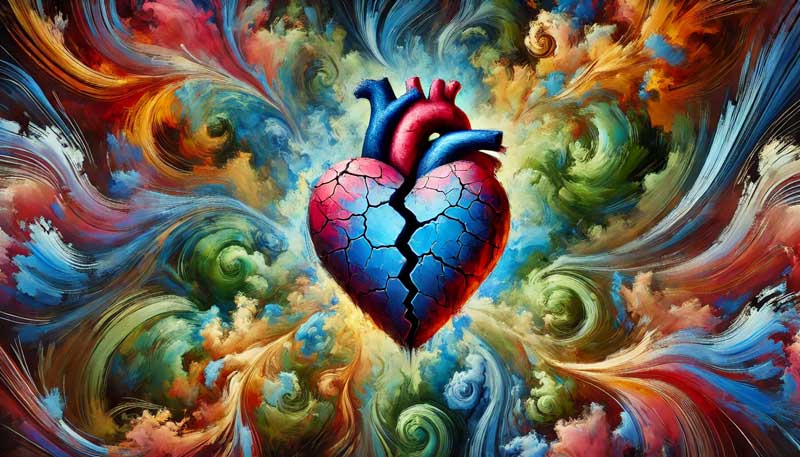 An abstract image of a cracked but vibrant heart surrounded by a chaotic swirl of colours and shapes, symbolizing deep and enduring sadness amidst external pressures.