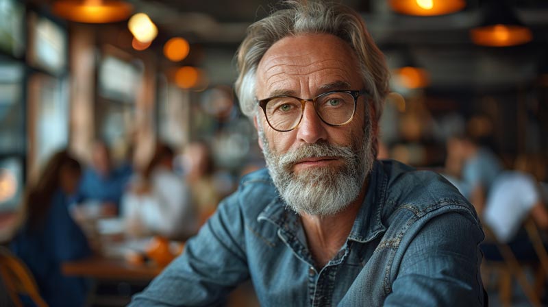 A man sits at his desk in a busy office, looking thoughtful and slightly weary, symbolising the enduring nature of profound sadness amidst the bustling demands of daily life.