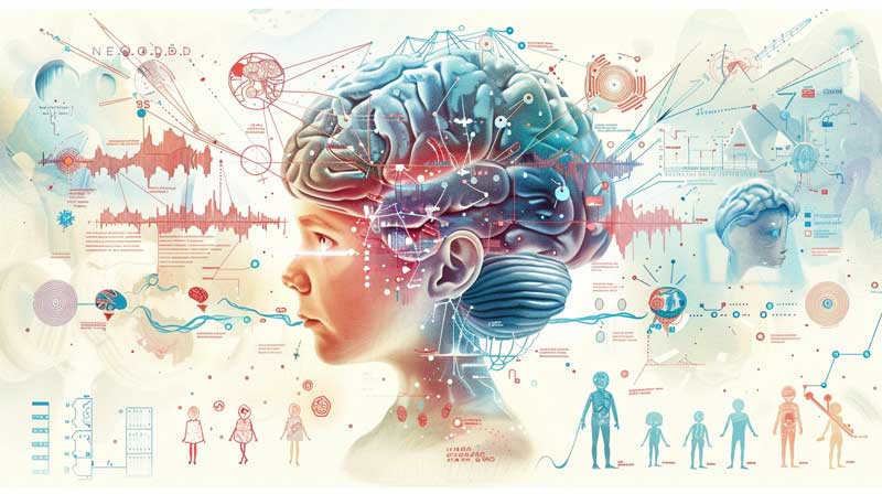 An illustration showing the scientific process of child's neocortex development, featuring a cross-section of a child's brain with highlighted neural pathways, environmental influences, and a timeline of growth phases.