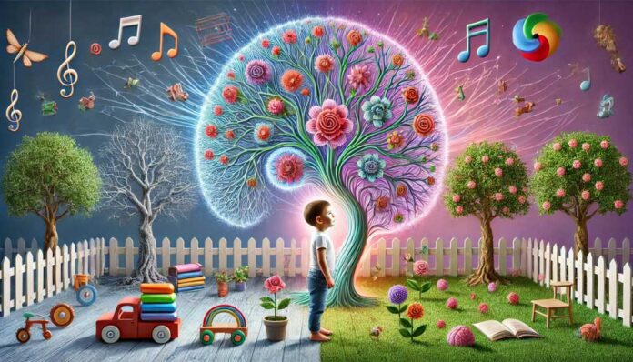 Illustration of a young child surrounded by tree-like neural pathways with blooming flowers, representing early child's neocortex development.