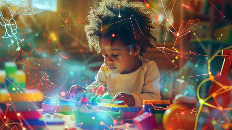 A young mixed-race child interacting with various stimulating toys, surrounded by glowing neural pathways, representing the critical early years of brain development.