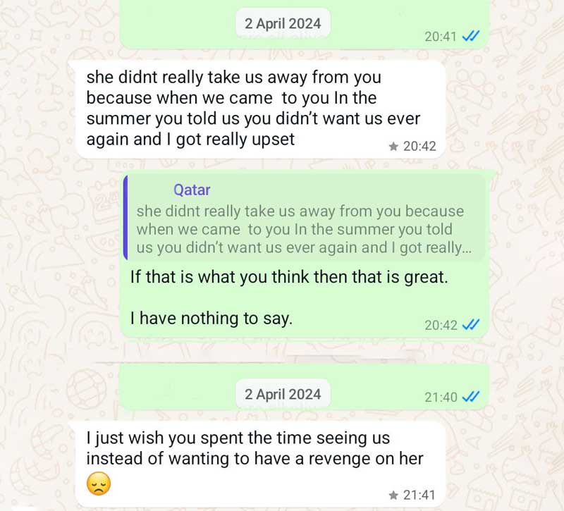 Screenshot of WhatsApp conversation showing a child's misunderstanding about their father's desire to see them.