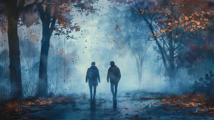 Two silhouetted figures walk side by side on a misty park path at twilight, reflecting the enduring nature of profound sadness.