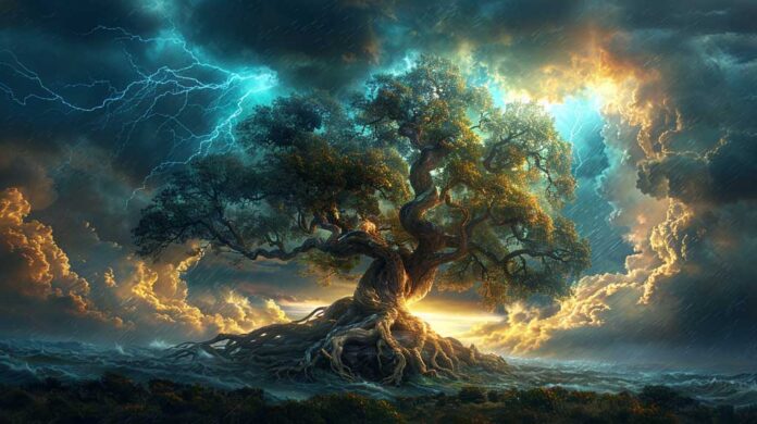 A majestic oak tree with a thick, gnarled trunk stands firm against a turbulent sky with storm clouds and lightning, symbolising the resilience of your character.