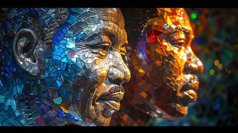 Artistic double portrait of Nelson Mandela and Martin Luther King Jr. in vibrant stained glass style, with their faces blending seamlessly and radiant light casting colorful shadows, symbolising the blending of their legacies and influence on character.