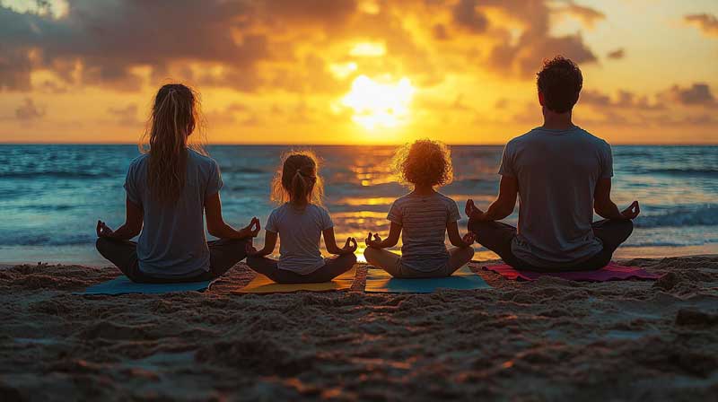 A family of four practices yoga together on a beach at sunset, with two parents and two children facing the ocean in meditation poses on colourful mats, set against a backdrop of a serene sunset.