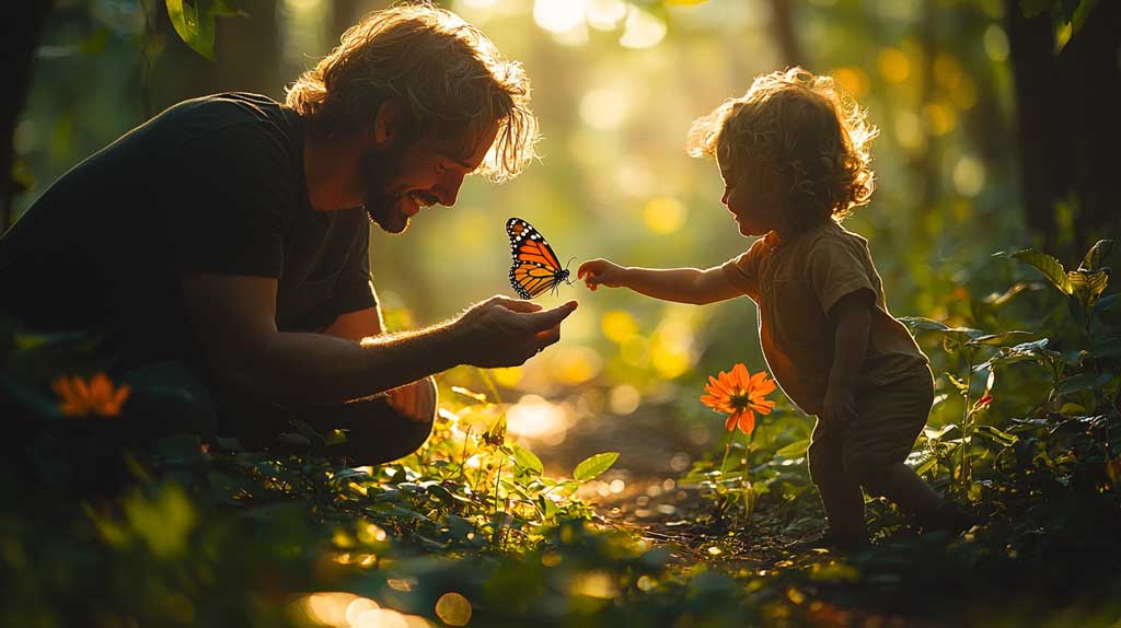 A father and child share a moment in a forest, watching a butterfly at sunset, nurturing human potential through mindfulness, connection, and the wonder of nature.