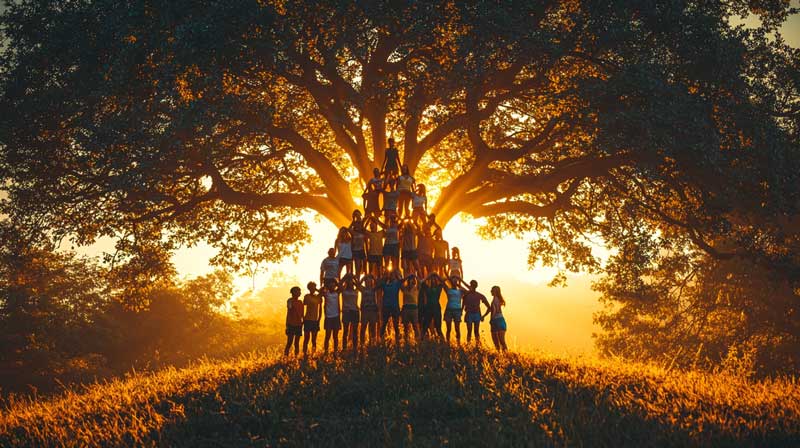 A diverse group of people forms a human pyramid under a large tree, backlit by a warm sunset, symbolising collective effort, support, and growth.