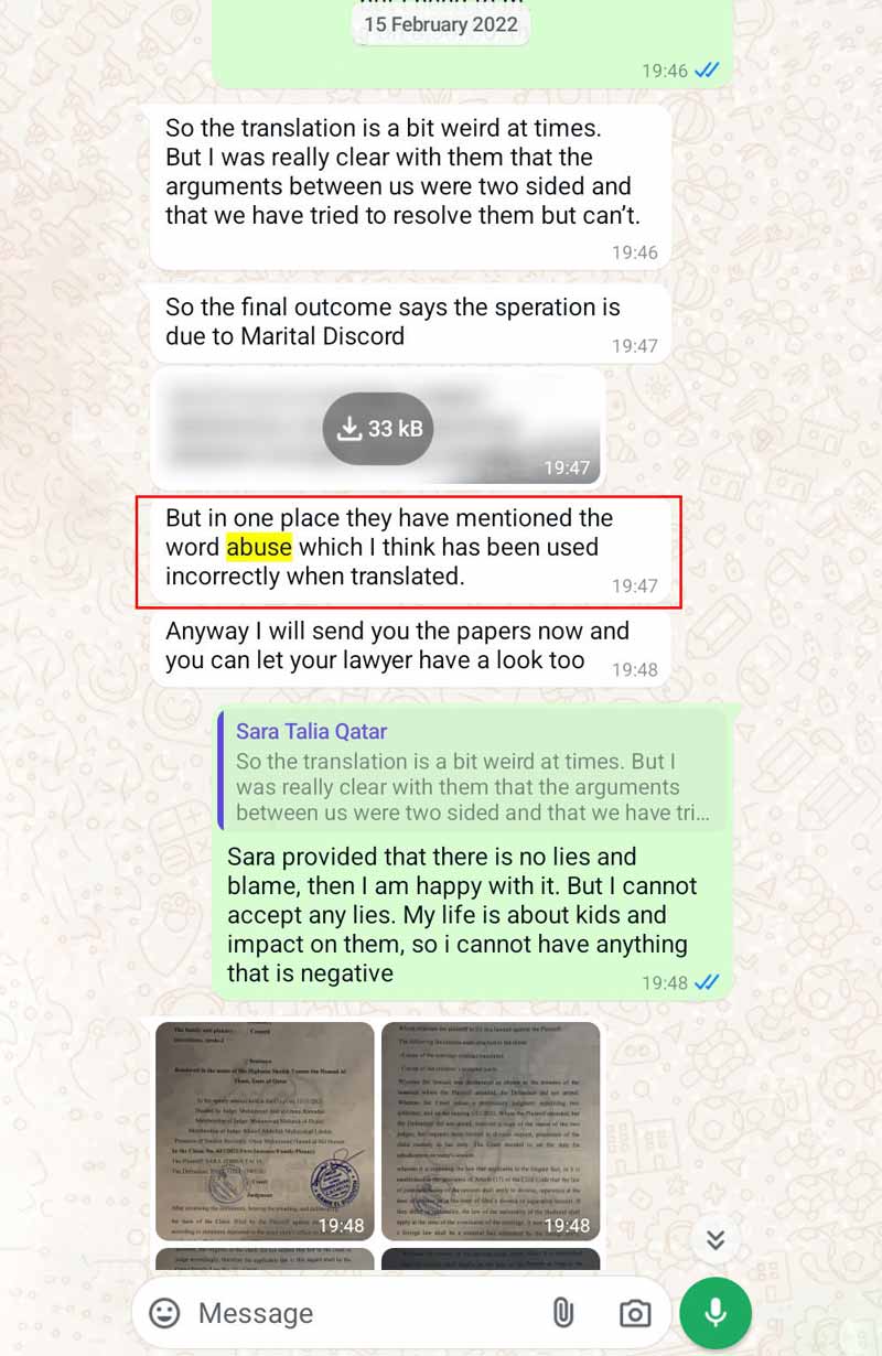 WhatsApp conversation revealing Sara Talia's admission of a mistranslation of 'abuse' in divorce papers. A strongly reinforces the falsity of her previous false accusations of abuse to our son, the children's school and many others that I had abused her.