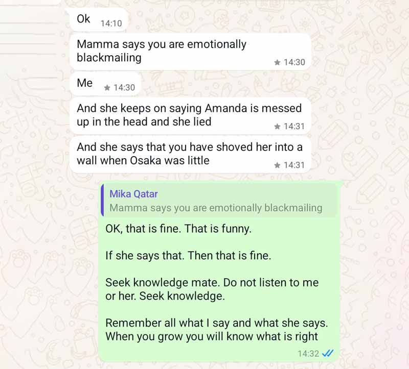 WhatsApp message detailing false accusations of abuse and emotional manipulation.