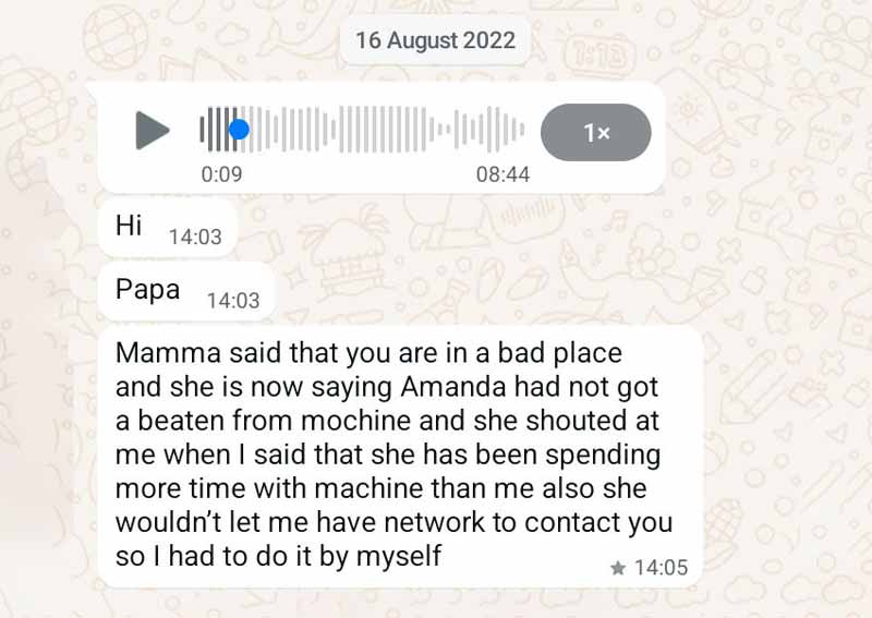 WhatsApp message from son about mother's claims of abuse.