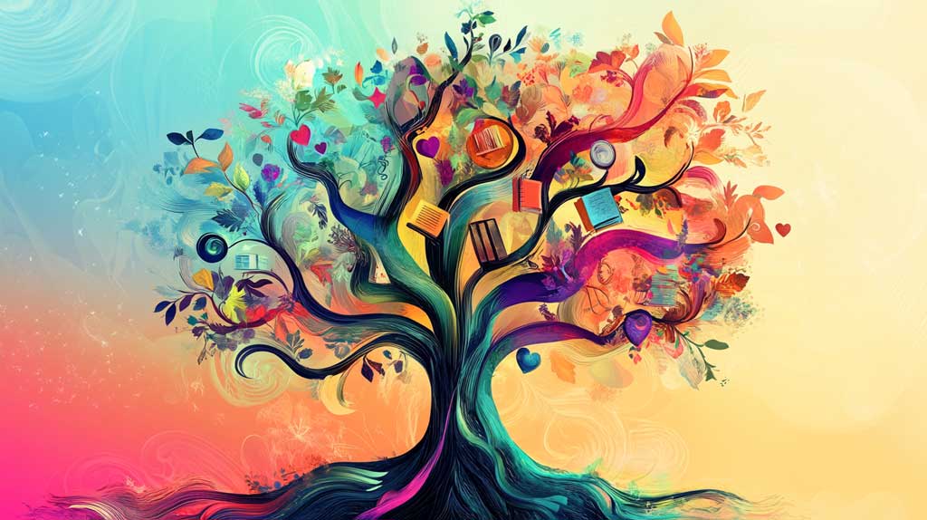 A vibrant, stylised tree symbolising nurturing human potential, with a strong trunk and colourful branches incorporating symbols of growth like books, handshakes, and hearts against a soft gradient background.