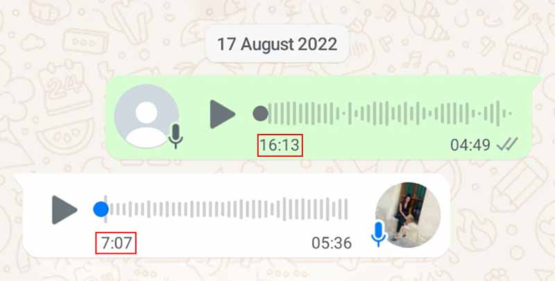 WhatsApp screenshot showing voice message durations from Paul and Sara Talia.