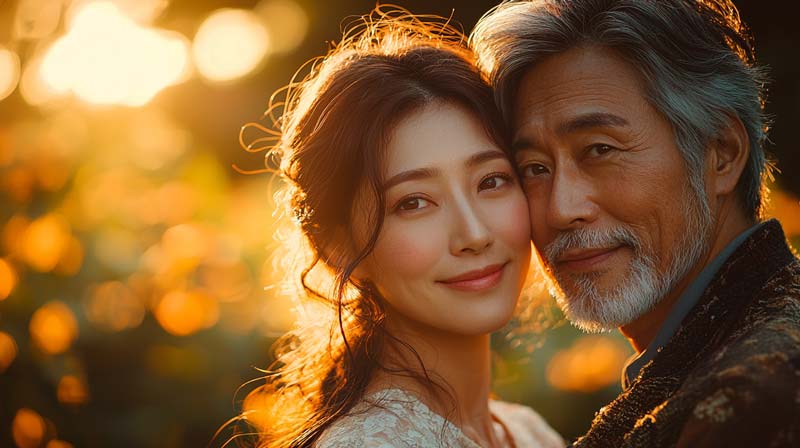 A warm portrait of an Asian couple in their 50s, softly smiling and embracing each other. Their expressions convey deep love, mutual respect, and contentment, symbolising the cyclical nature of love and the journey through life together. The soft lighting and warm tones evoke peace and harmony as they look forward in love. This represents the stages of love through mutual respect and connection.