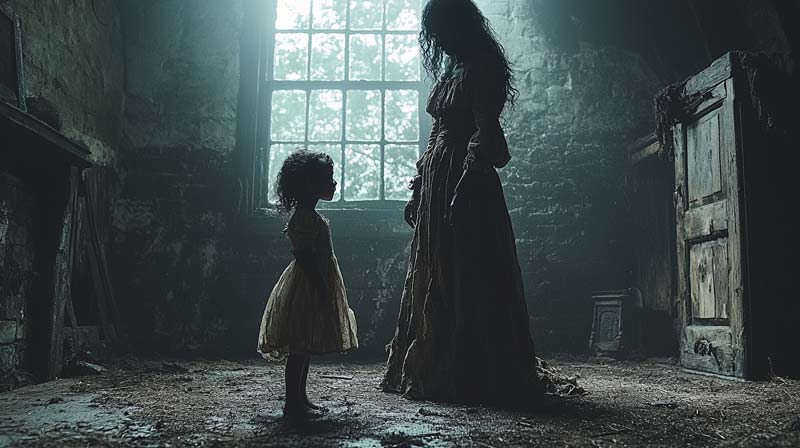 Full-length shot of an African woman from the 1850s in a dimly lit, aged room, standing face-to-face with a young girl; both are in worn clothing, with a faint window light casting a sombre, intimate atmosphere.