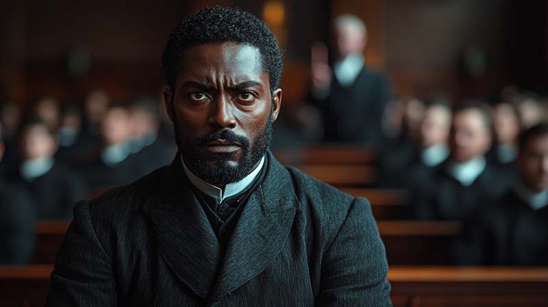 Close-up of a solemn African American man seated in a church, surrounded by blurred white figures in the background, symbolising isolation and forced detachment within a controlled environment. His intense expression reflects the internal struggle against the psychological suppression imposed by slavery's systems.