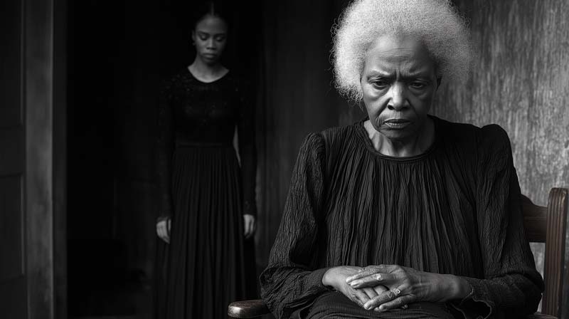 An older African American woman sits solemnly with her hands clasped in her lap, her expression deeply sorrowful. Behind her stands a younger woman, slightly blurred, symbolising a haunting presence or a memory. The scene is in black and white, with a sombre, reflective atmosphere, capturing themes of generational trauma and unspoken bonds.