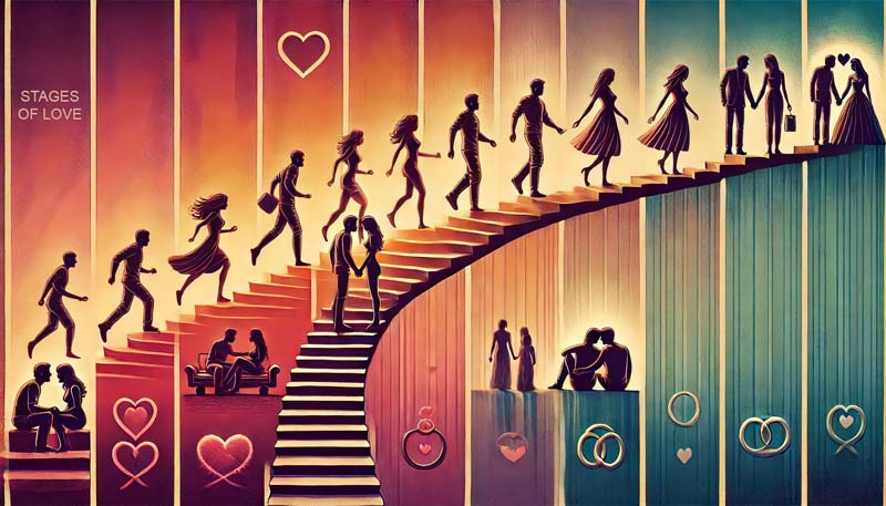 A wide image illustrating the 13 stages when in love, beginning with passion and progressing through conflict, separation, and ultimately reconciliation and partnership. The couple is shown at various stages: walking side by side, experiencing separation, and reuniting at the end. The background transitions from vibrant colors representing passion to more serene tones symbolising mature partnership. Subtle symbols of hearts, wedding rings, and family elements connect each stage, reflecting the journey of love.