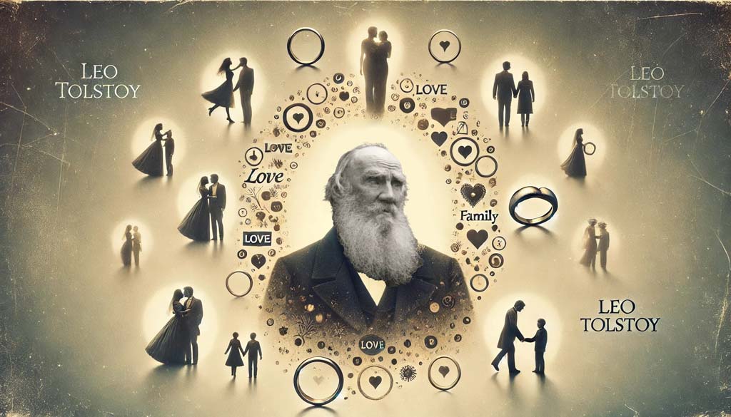 A digitally edited image of Leo Tolstoy, surrounded by floating symbols of love and relationships such as wedding rings, family silhouettes, and couples embracing. The image conveys the stages of love with an ethereal quality, reflecting Tolstoy's timeless insights. Original portrait sourced from Wikimedia Commons, Author: Vladimir Chertkov (Чертков).