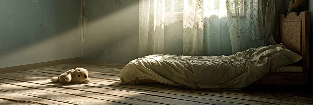 A child's empty bed with rumpled sheets and a teddy bear lying on the wooden floor beside it. Sunlight streams through the window, casting shadows on the floor, symbolising the emotional neglect and childhood trauma present in the scene.