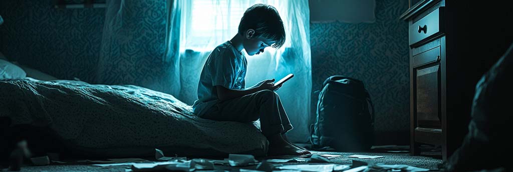 A child sits on the edge of a bed in a dimly lit bedroom, staring at the glow of a phone screen. Scattered papers lie on the floor, and a backpack leans against the wall in the background. The soft, cold lighting highlights the child's withdrawn posture, symbolising isolation and the emotional impact of bullying and peer abuse.