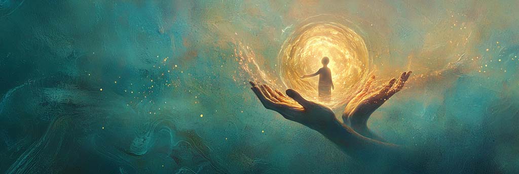 A small figure stands inside a glowing, golden sphere of light, held and supported by large, gentle hands. The background features soft, calming teal hues with scattered golden sparks, symbolising hope, healing, and protection.