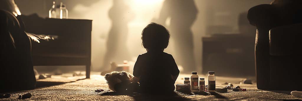 A dimly lit living room with a child sitting on the floor holding a stuffed toy, staring at an empty bottle and scattered pill containers on a nearby table. Shadows of adults loom in the background, symbolising substance abuse and emotional neglect in the family environment.