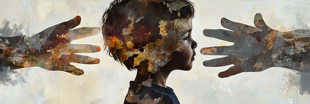 A child’s silhouette, layered with abstract, textured patterns symbolising wounds and emotional scars, is surrounded by dark, weathered hands reaching toward them. The image conveys the impact of childhood trauma with a muted, artistic tone and subtle representation of emotional and physical pain.