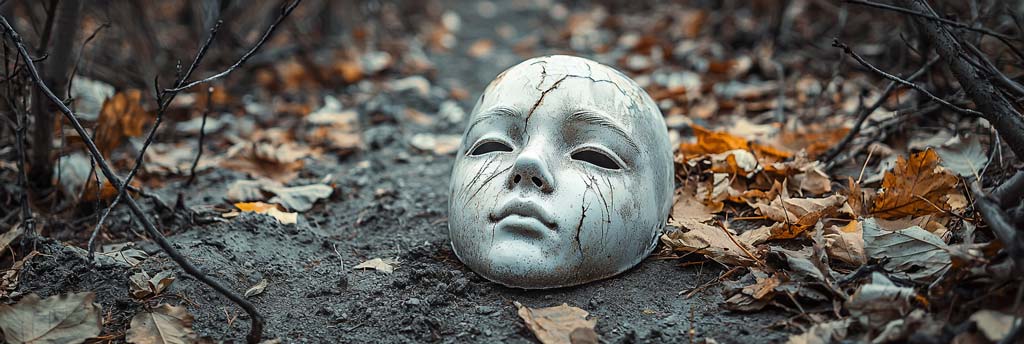 A cracked, weathered porcelain mask with a faint tear line lies abandoned on a dirt path surrounded by autumn leaves and broken branches under a sombre, overcast sky.