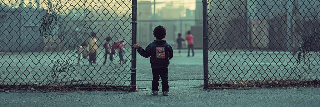 A child stands alone, gripping a chain-link fence while looking at a group of children playing in the distance. The child’s posture reflects isolation and exclusion, with a faded urban setting in the background. The image conveys the emotional weight of childhood trauma caused by cultural and racial experiences.