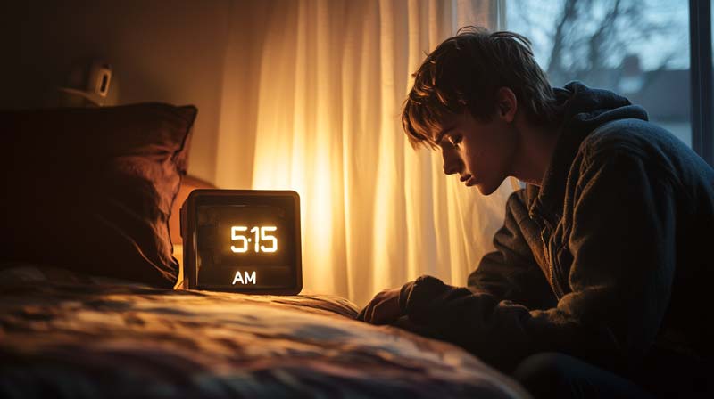 A dimly lit bedroom at dawn, with a teenager sitting slouched on the edge of their bed, visibly exhausted. An alarm clock glows with the time "5:15 AM", and faint pre-dawn light reveals a dark street outside, symbolising the challenges of early school schedules.